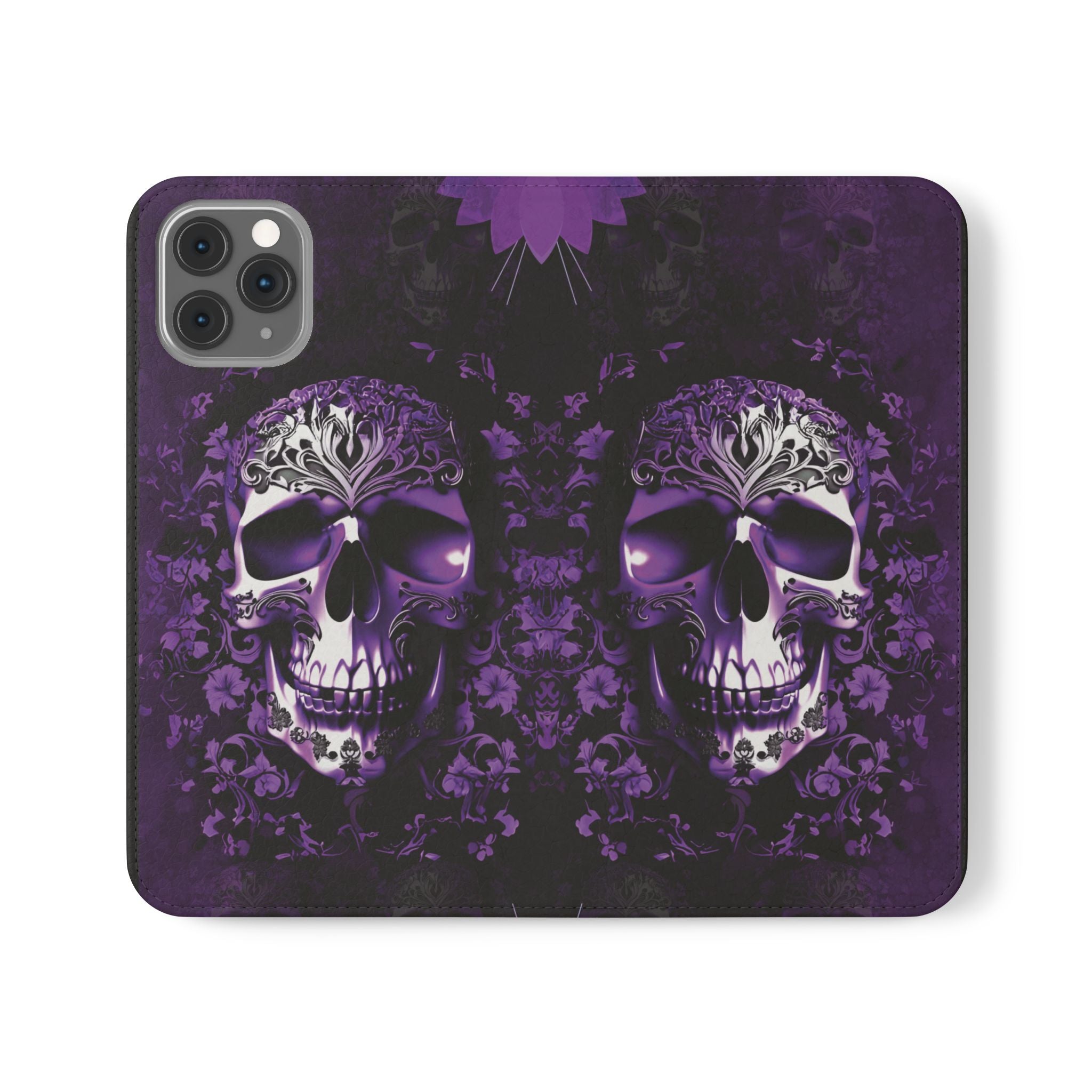 Purple Pastel Goth Skull Flip Wallet Phone Case - Skull Wallet Case for Samsung iPhone - Gothic Style Skull Wallet Phone Cases