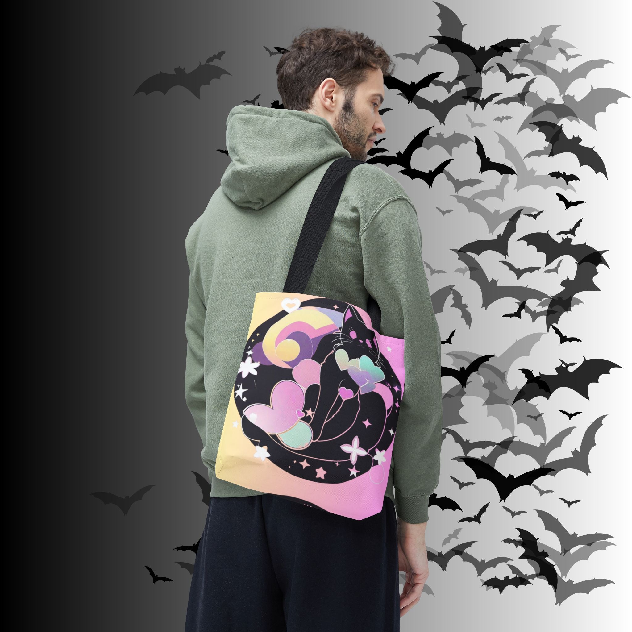 Pastel Goth Black Cat Heart Balloon Tote Bag — Kawaii Moon Print