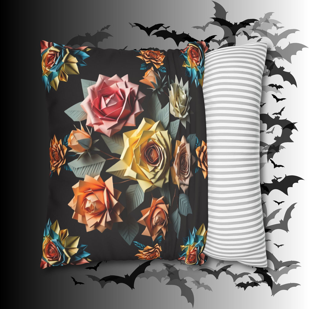 Gothic Origami Rose Throw Pillow — Dark Floral Botanical Home Decor