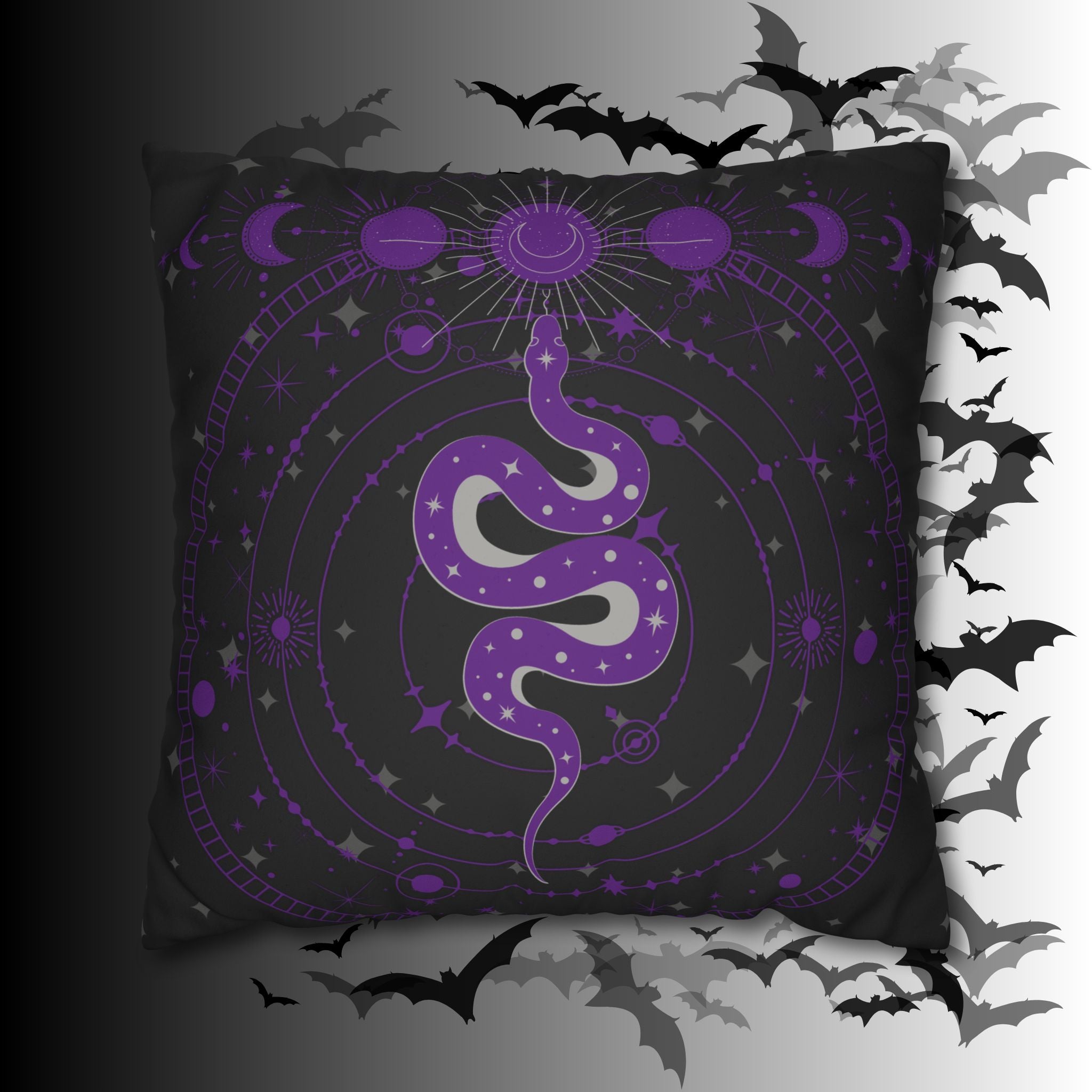 Purple Celestial Snake Moon Phases Throw Pillow — Witchy Gothic Dark Home Decor
