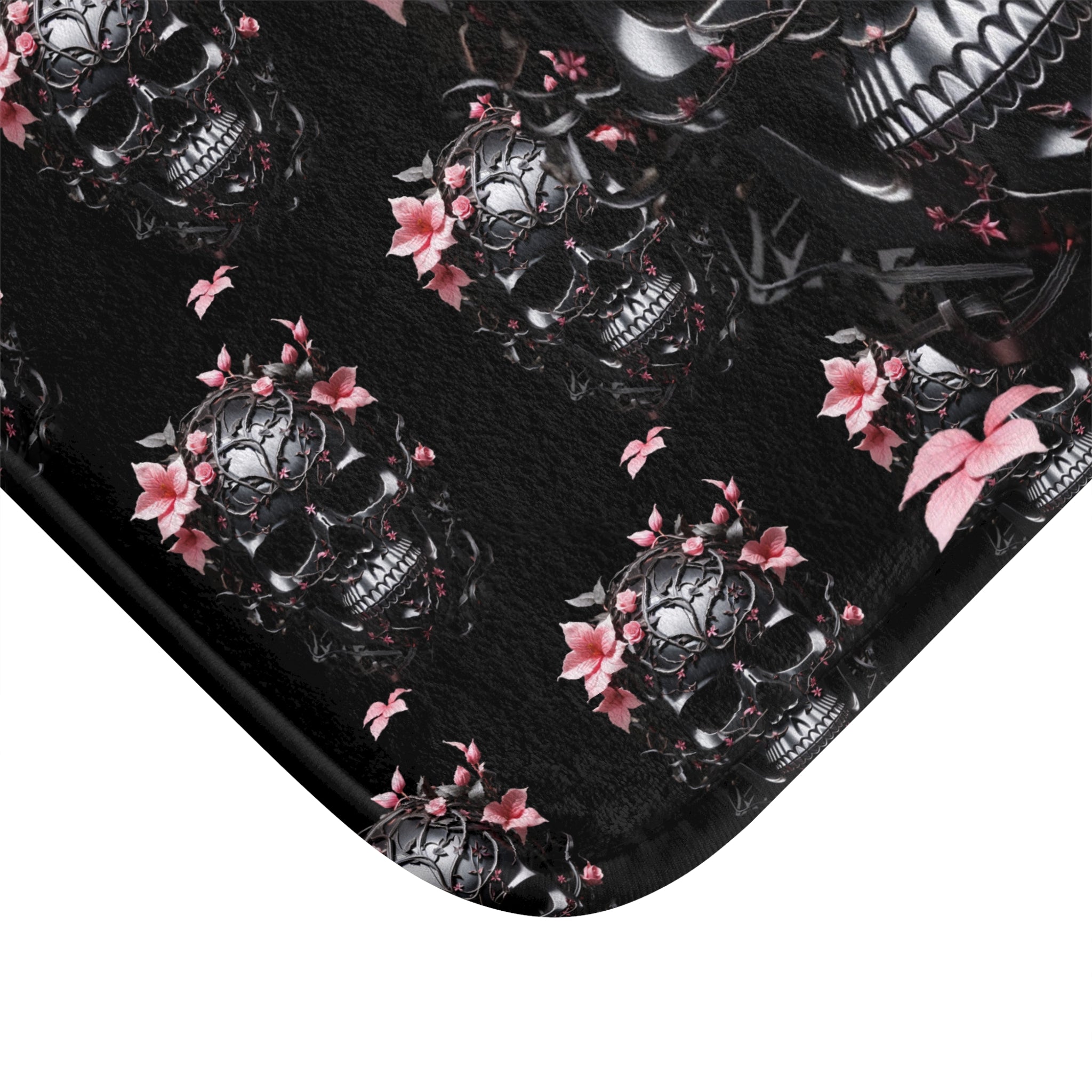 Gothic Floral Skull Bath Mat — Dark Botanical Bathroom Decor