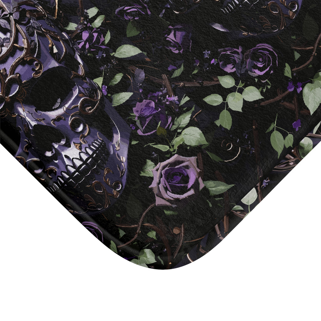 Gothic Purple Skull Bath Mat — Dark Floral Rose Bathroom Decor