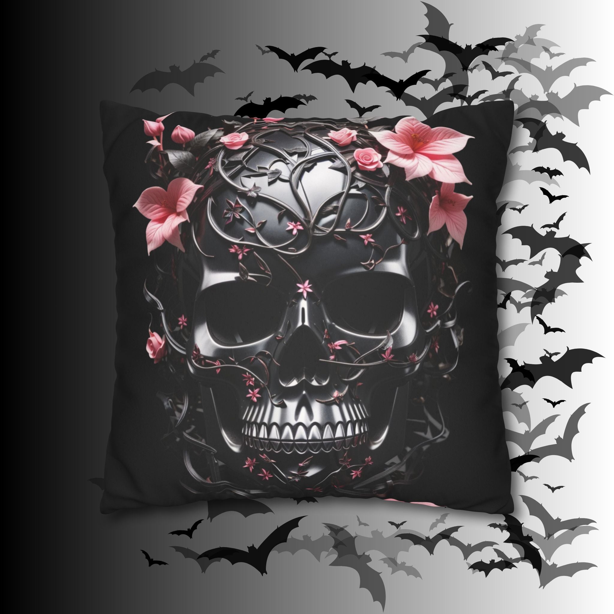 Gothic Botanical Skull Throw Pillow — Dark Floral Pastel Goth Home Decor