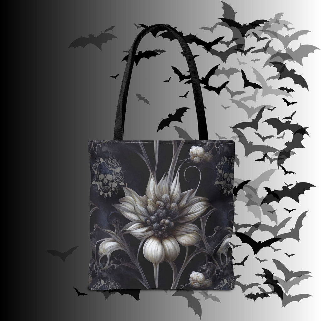 Gothic Botanical Skull Tote Bag — Dark Floral All-Over Print