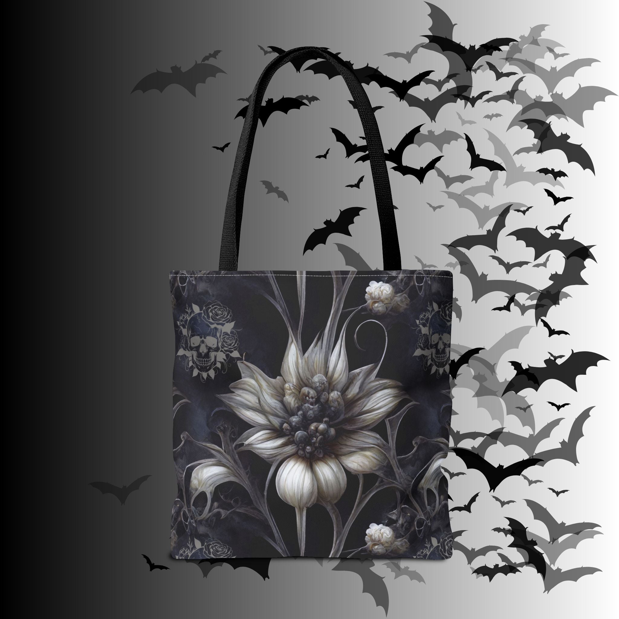 Gothic Botanical Skull Tote Bag — Dark Floral All-Over Print