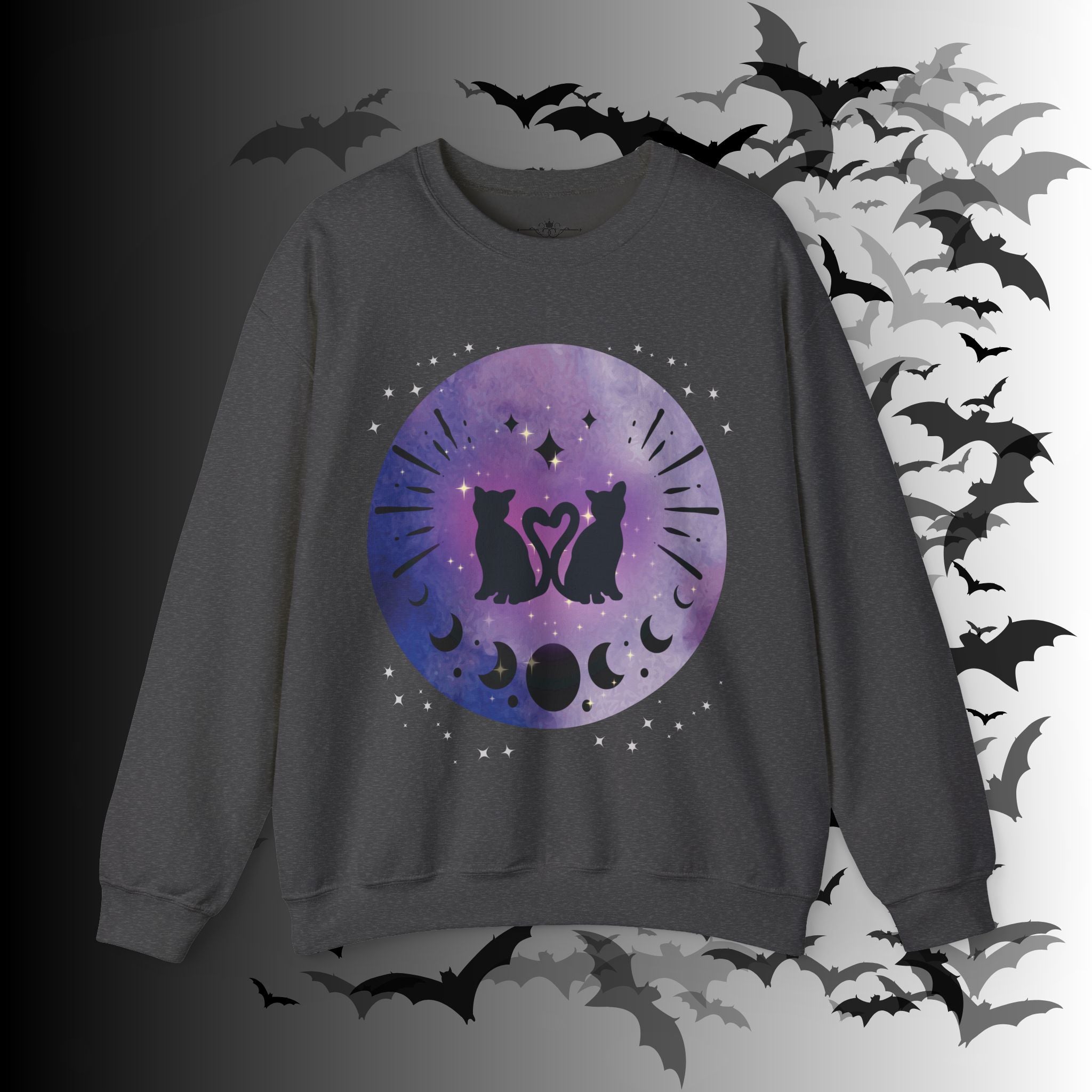 Celestial Twin Cats Heart Moon Crewneck Sweatshirt — Witchy Moon Phase