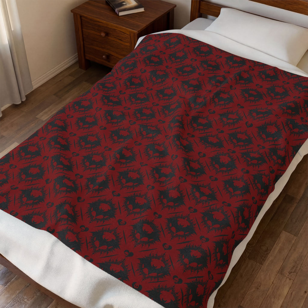 Gothic Bat & Skull Heart Throw Blanket — Crimson Red Colorway