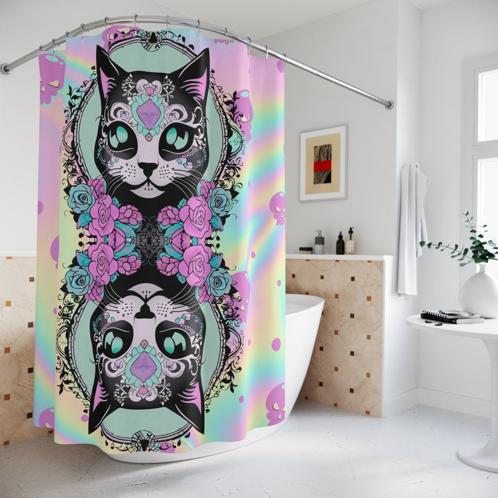Pastel Goth Cat Shower Curtain — Kawaii Sugar Skull Cat Rainbow Bathroom Decor