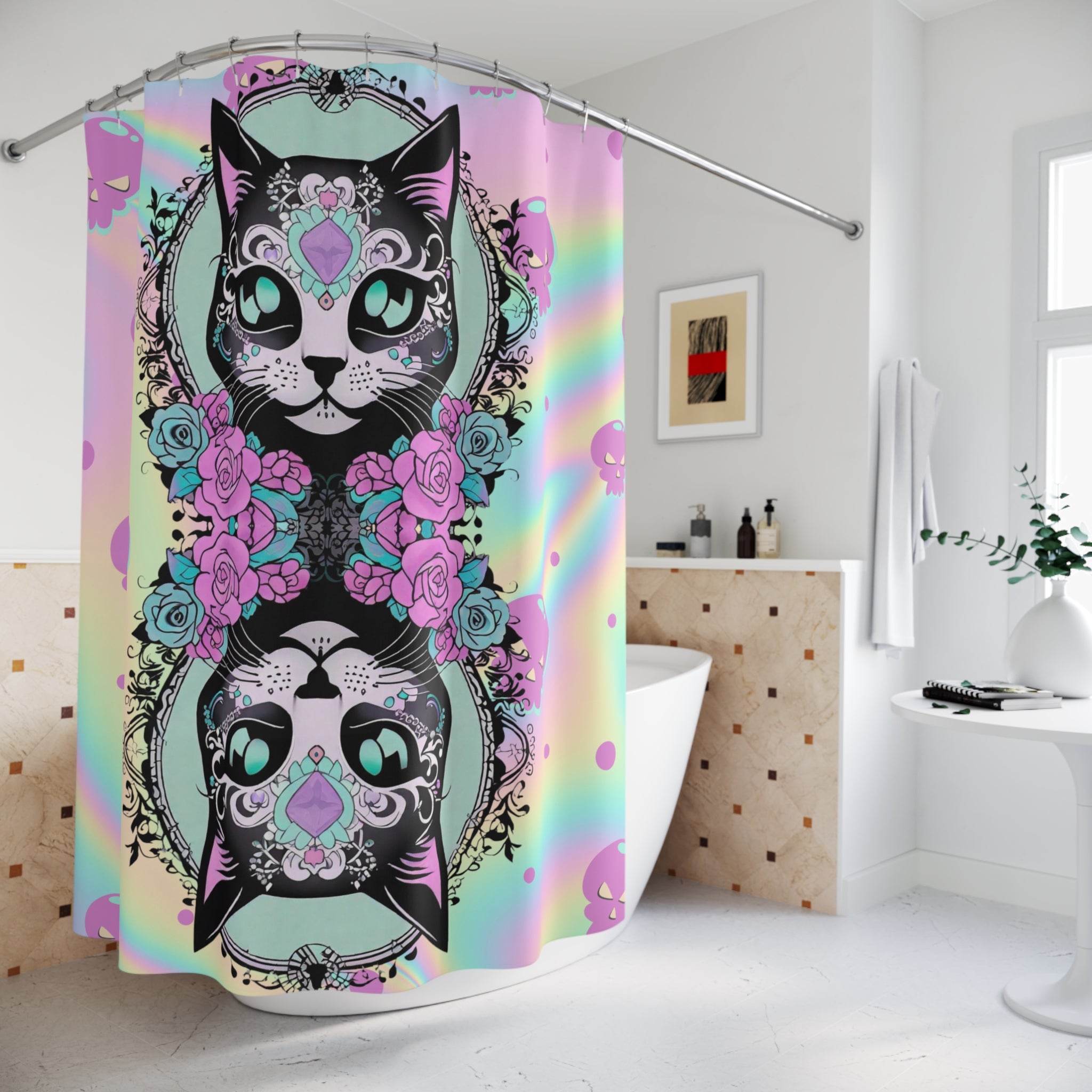 Pastel Goth Cat Shower Curtain — Kawaii Sugar Skull Cat Rainbow Bathroom Decor