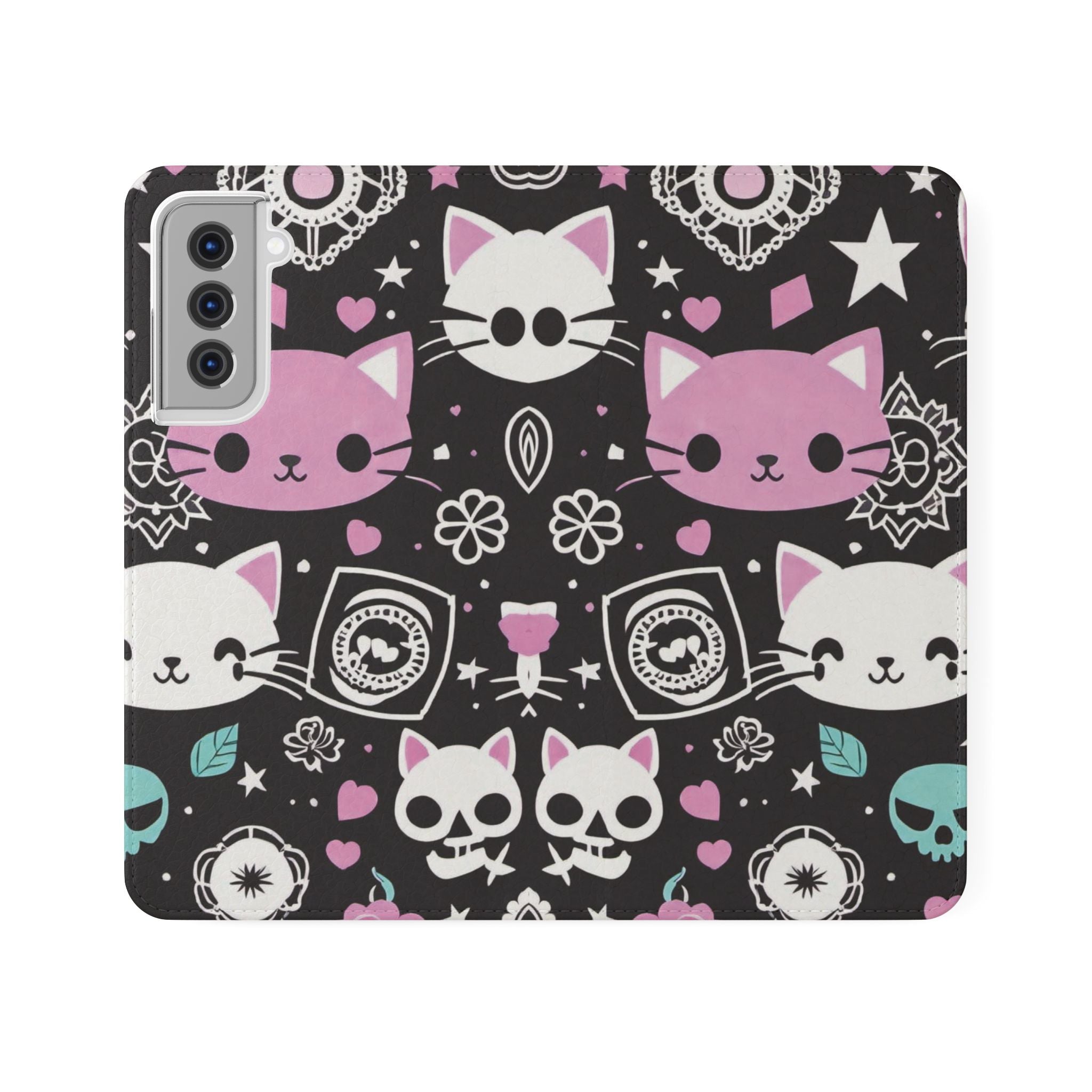Pastel Goth Cat Flip Wallet Phone Case - Goth Cat Wallet Case for Samsung iPhone - Gothic Style Cats Wallet Phone Cases