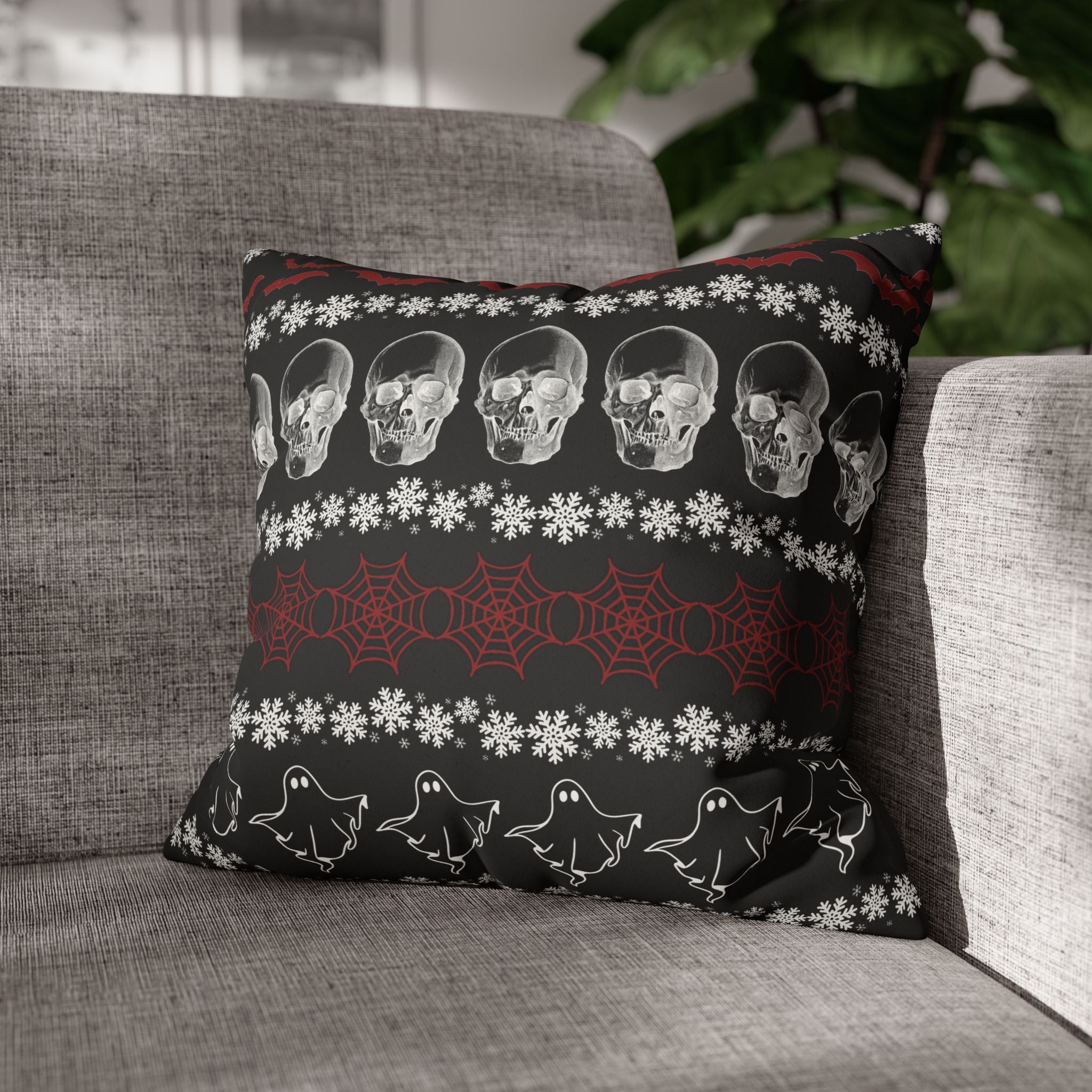 Merry Creepmas Gothic Ugly Sweater Throw Pillow — Goth Holiday Dark Home Decor