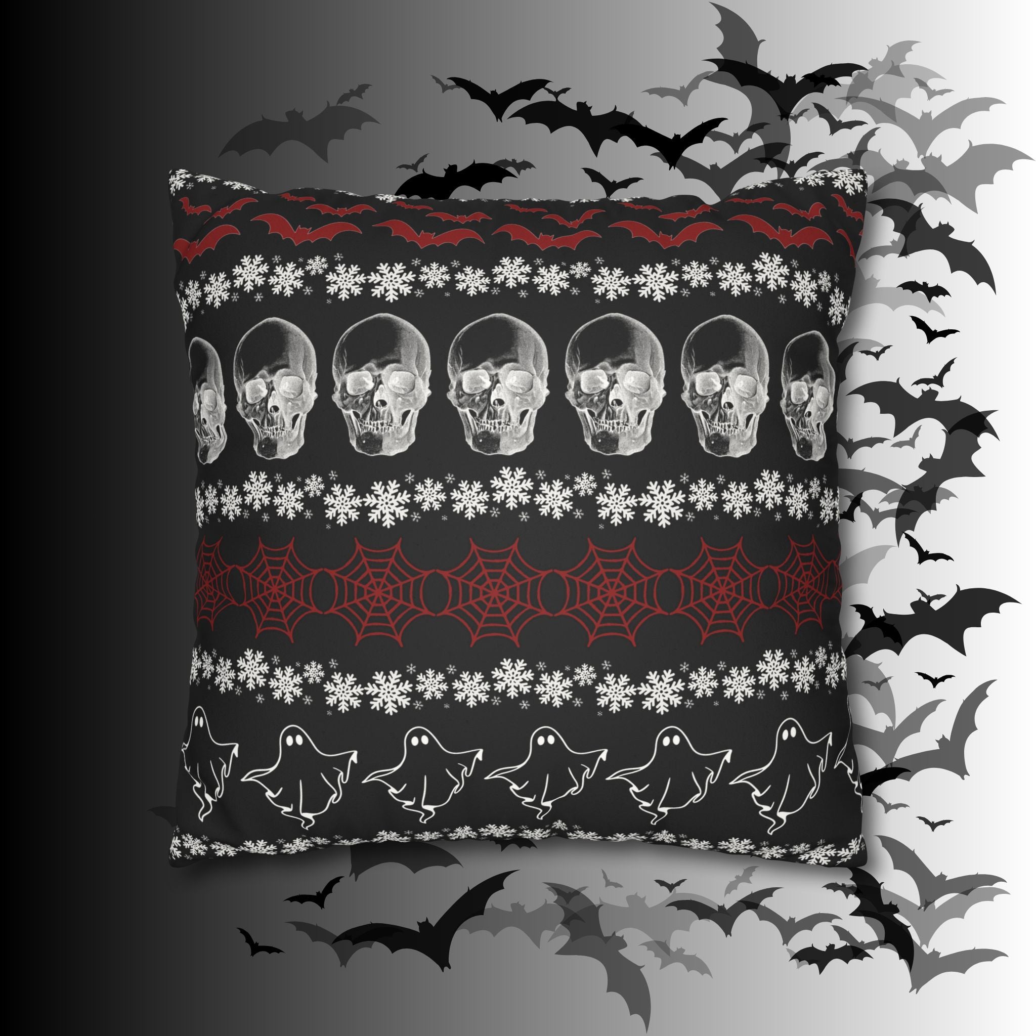 Merry Creepmas Gothic Ugly Sweater Throw Pillow — Goth Holiday Dark Home Decor
