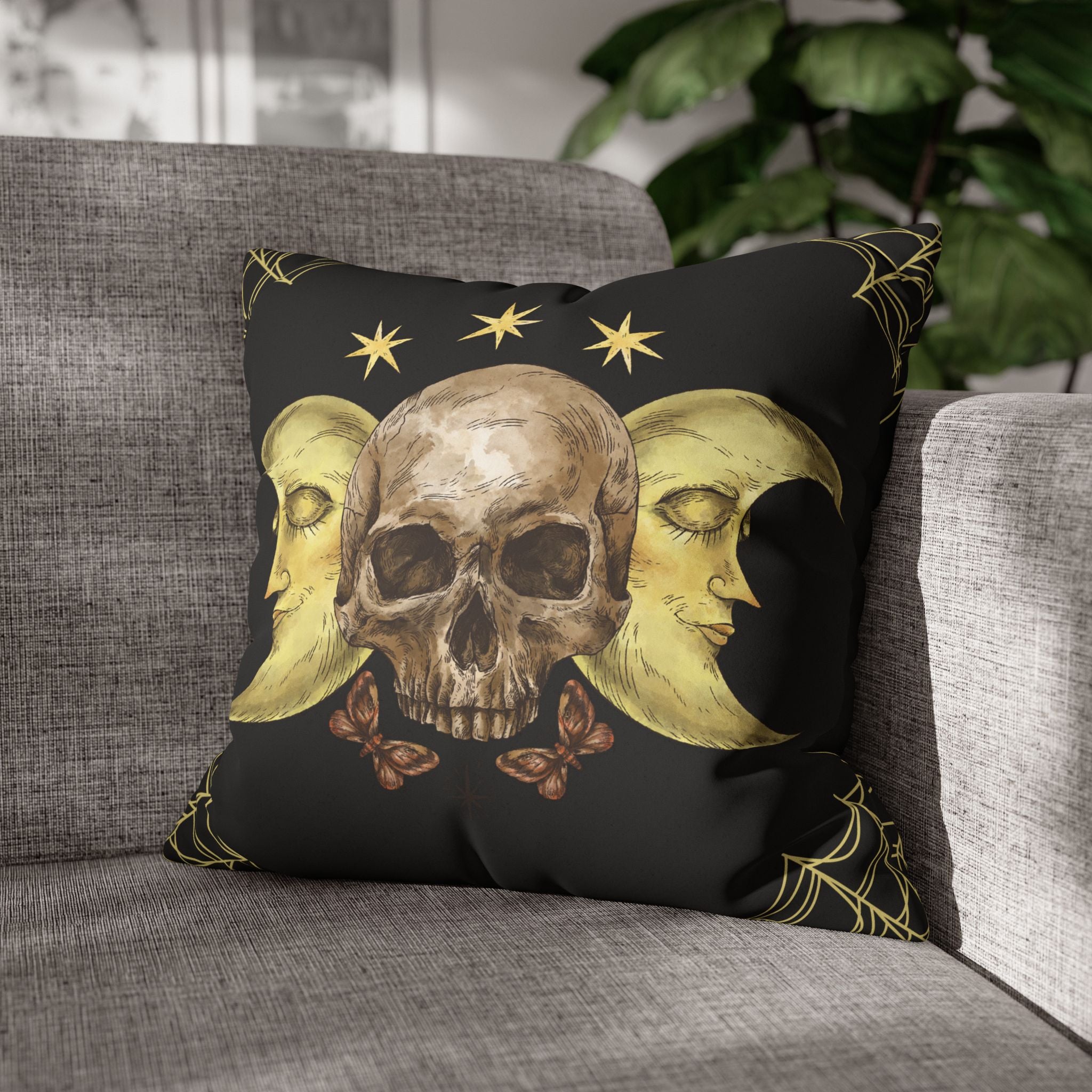 Gothic Moon Skull Throw Pillow — Celestial Dark Home Decor