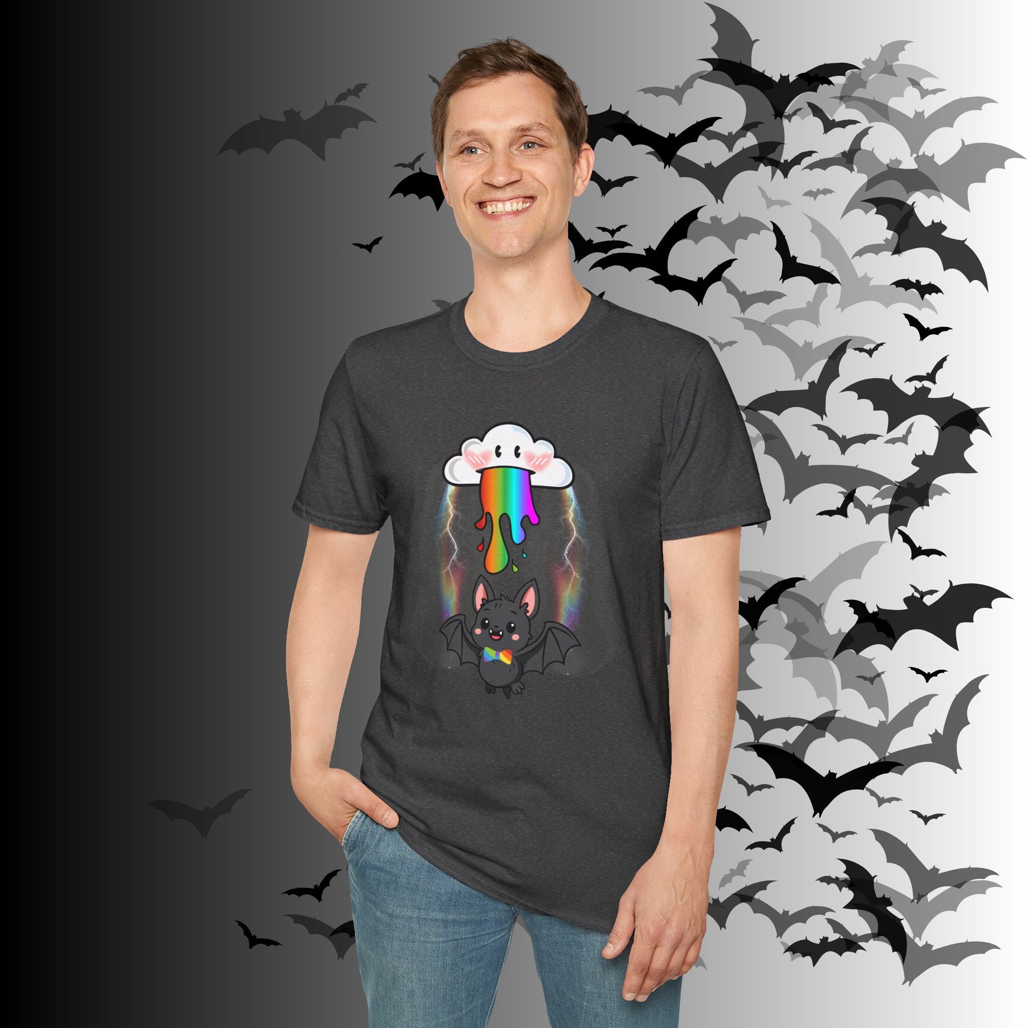 Rainbow Vomit Cloud Bat T-Shirt — Kawaii Goth Pride Unisex Tee