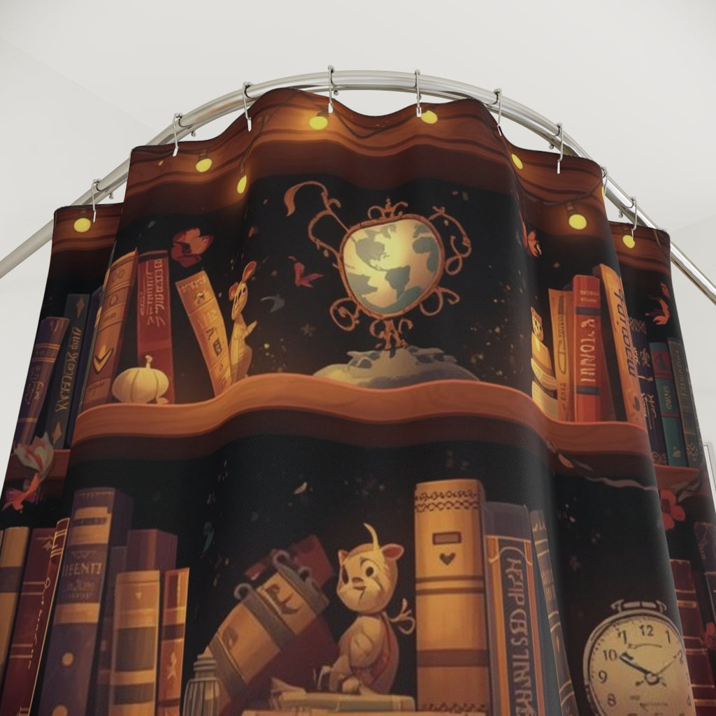 Whimsical Rabbit Bookcase Shower Curtain — Cozy Fantasy Library Bathroom Decor