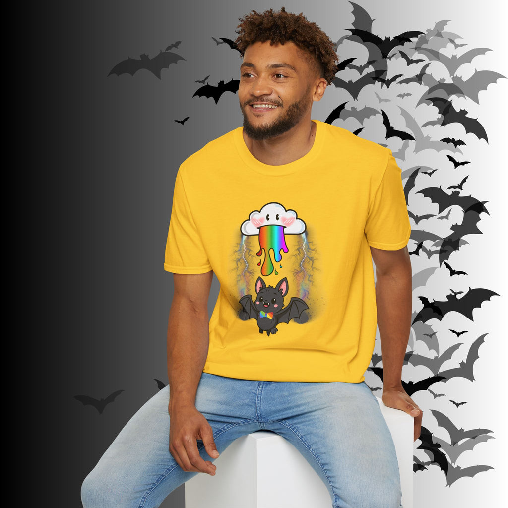 Rainbow Vomit Cloud Bat T-Shirt — Kawaii Goth Pride Unisex Tee