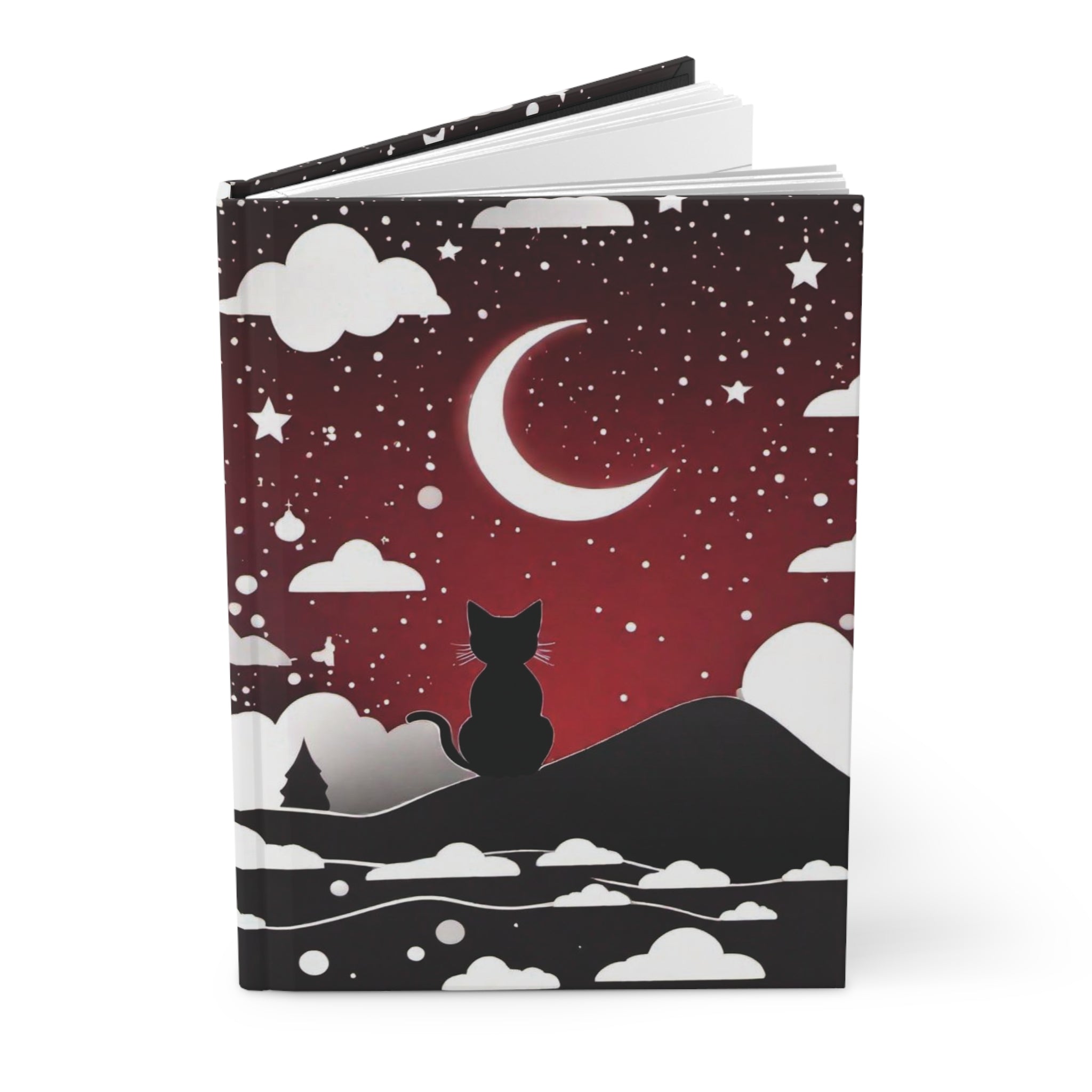 Gothic Black Cat Midnight Journal — Crimson Crescent Moon Hardcover Spell Book