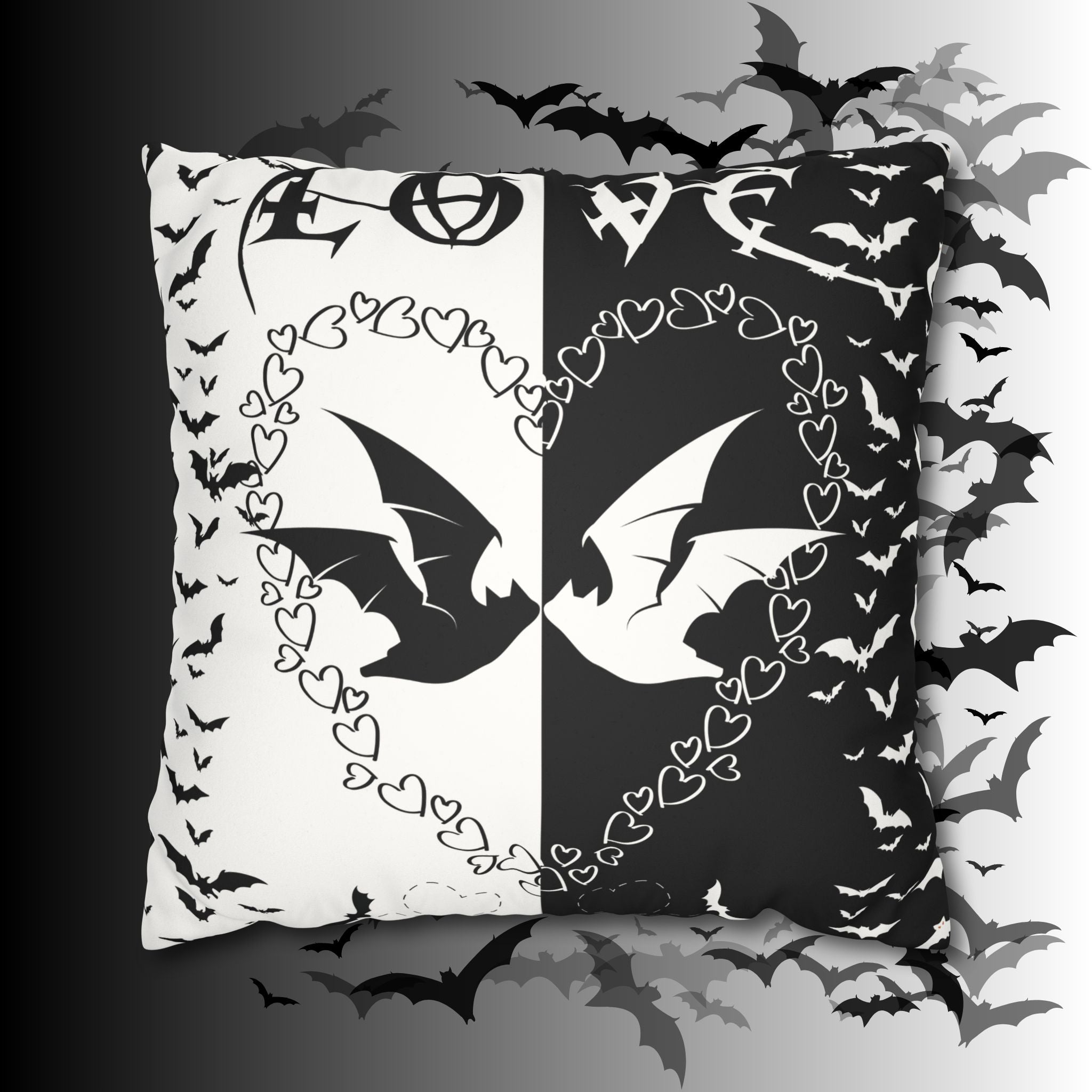 Gothic Bats Heart Throw Pillow — Black White Halloween Dark Home Decor