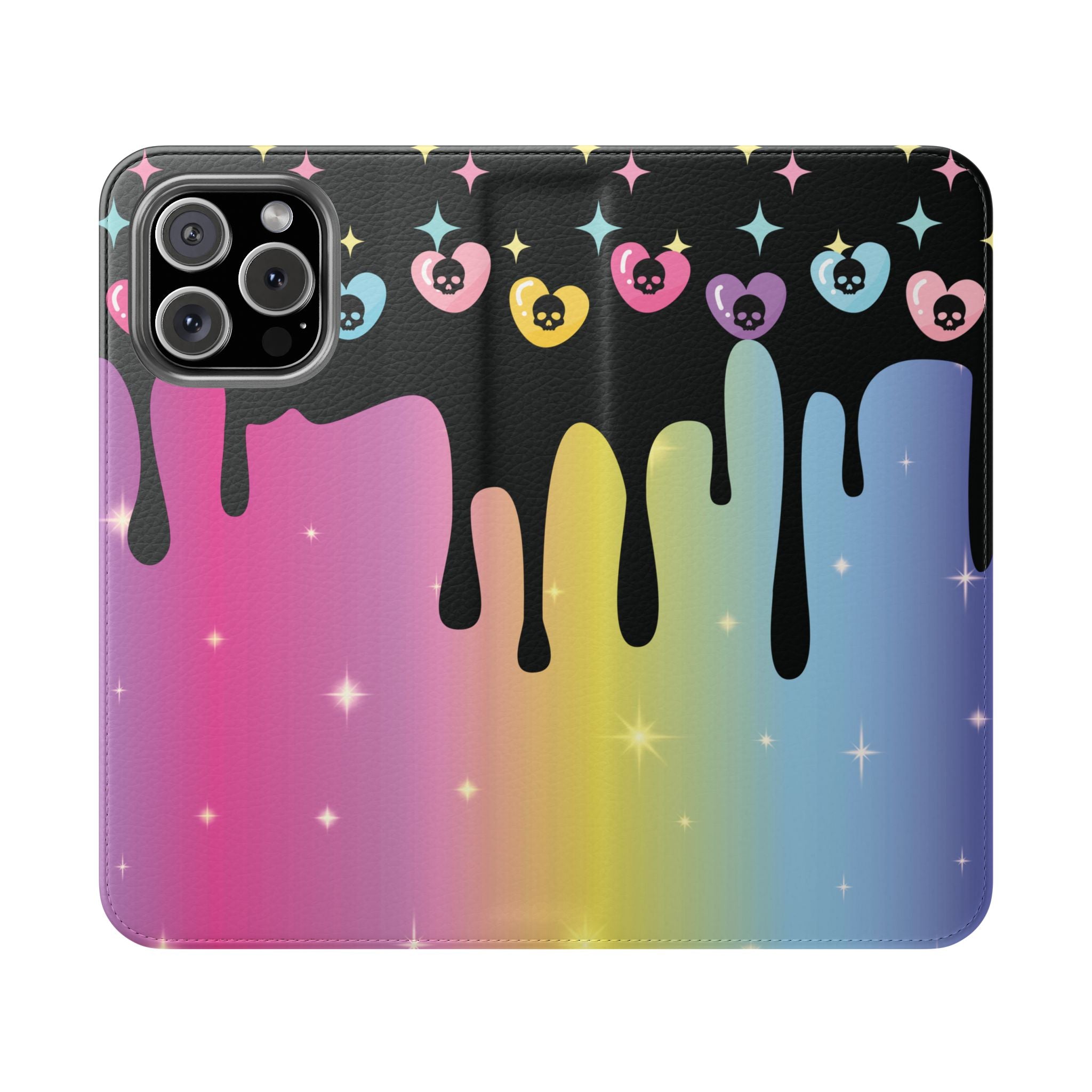 Pastel Goth Drippy Rainbow Skulls Flip Wallet Phone Case - Wallet Case for Samsung and iPhone - Gothic Style Wallet Phone Cases