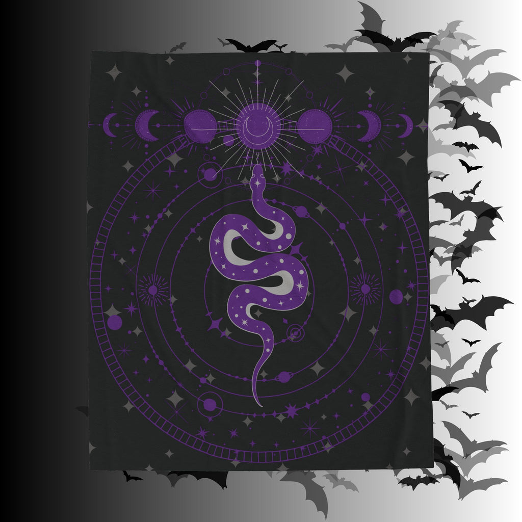 Gothic Celestial Snake Moon Phase Throw Blanket — Purple & Black Witchy Decor