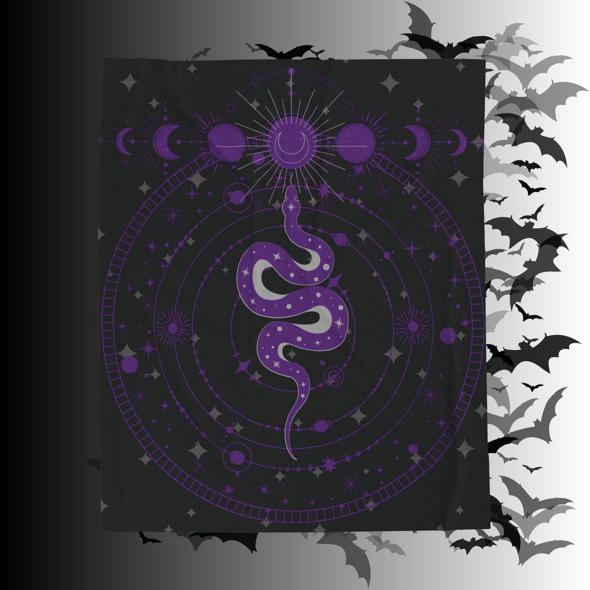 Gothic Celestial Snake Moon Phase Throw Blanket — Purple & Black Witchy Decor