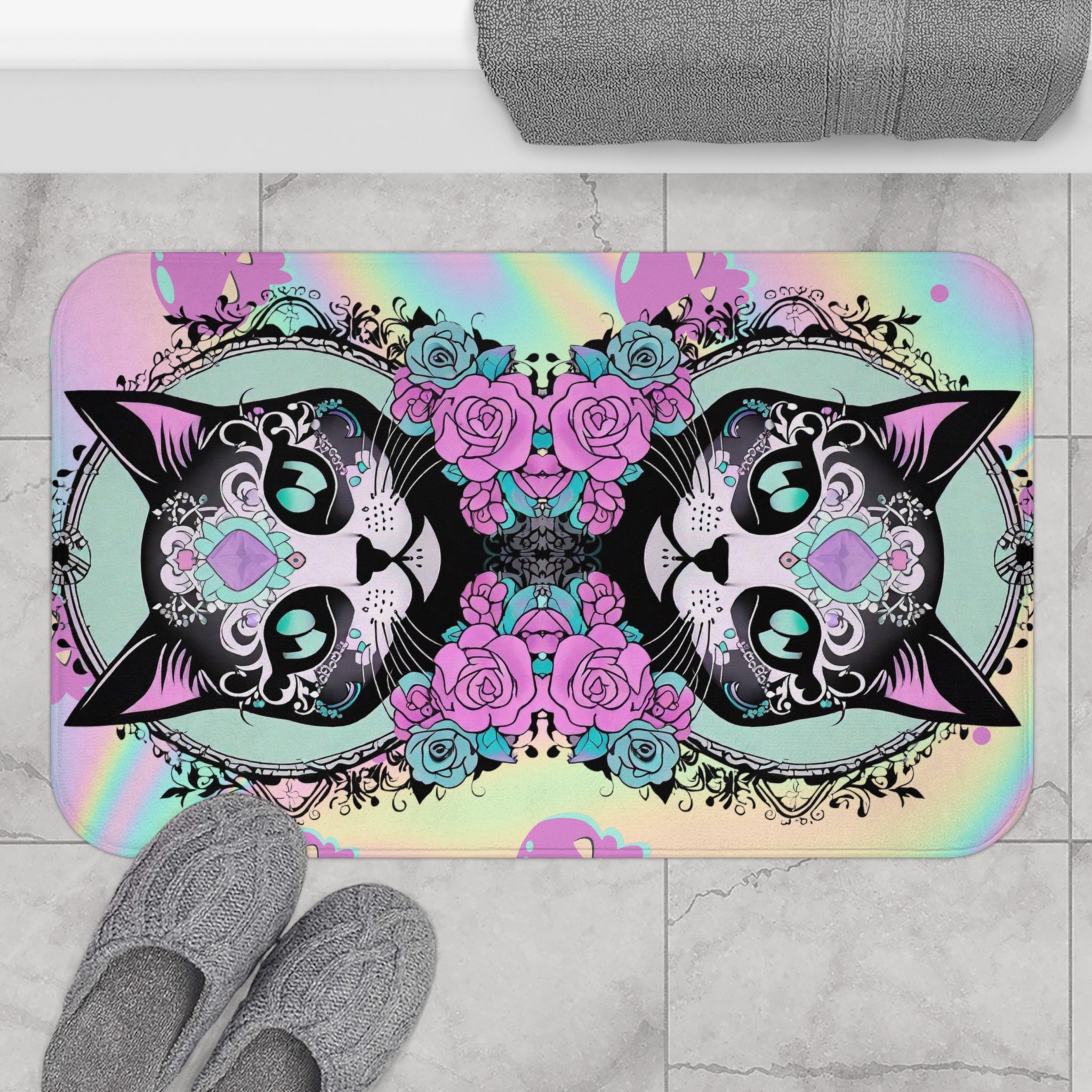 Pastel goth bath mat with mirrored sugar skull cat faces, pink and teal roses, black filigree frame on a holographic rainbow background