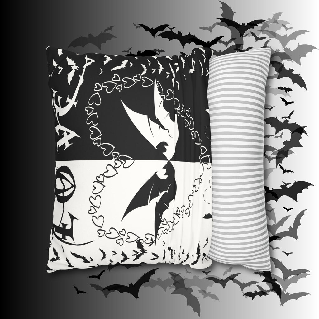 Gothic Bats Heart Throw Pillow — Black White Halloween Dark Home Decor