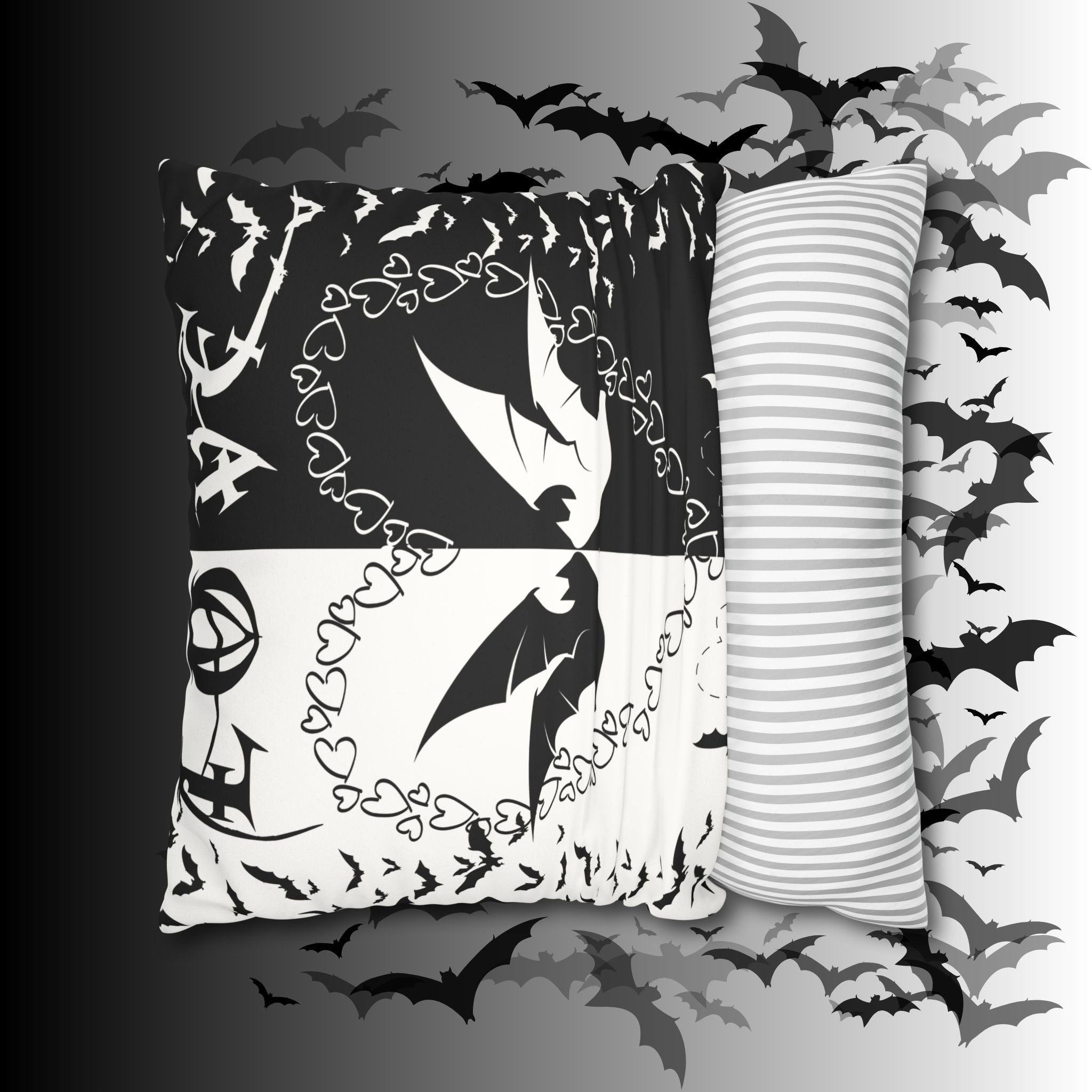 Gothic Bats Heart Throw Pillow — Black White Halloween Dark Home Decor