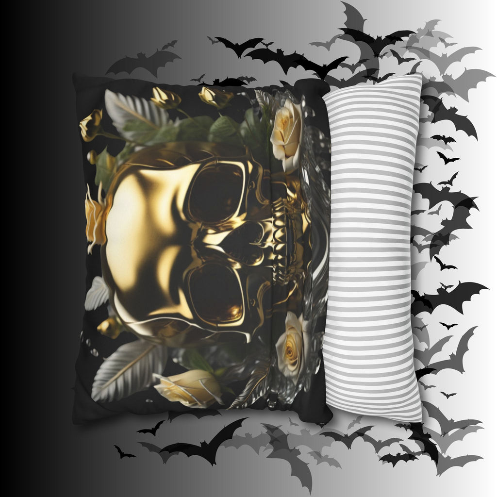 Gold Skull Botanical Throw Pillow — Dark Floral Gothic Home Decor
