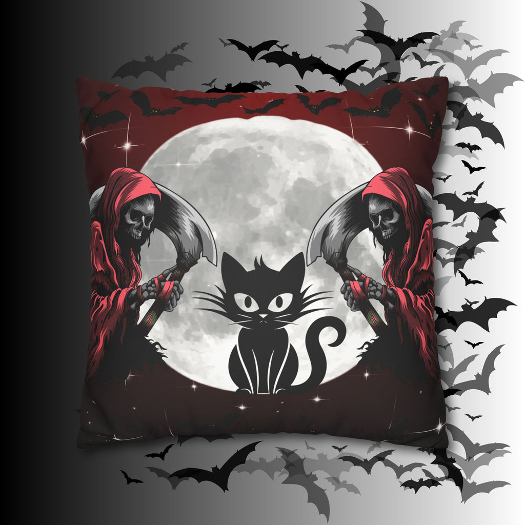 Gothic Black Cat Grim Reaper Throw Pillow — Moonlit Dark Home Decor