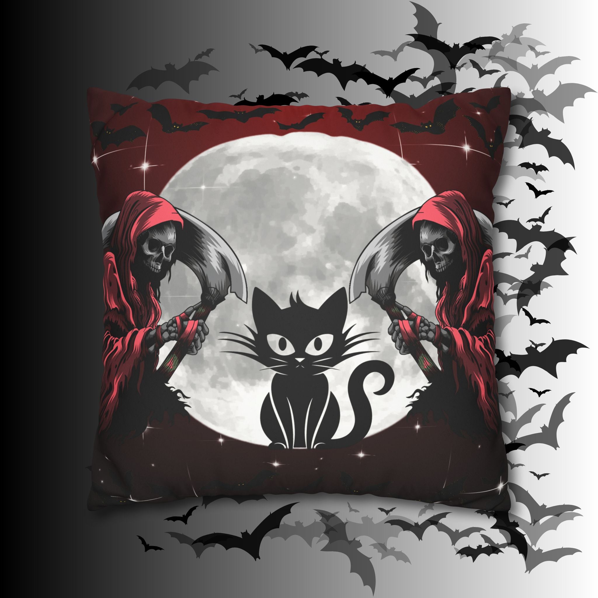 Gothic Black Cat Grim Reaper Throw Pillow — Moonlit Dark Home Decor