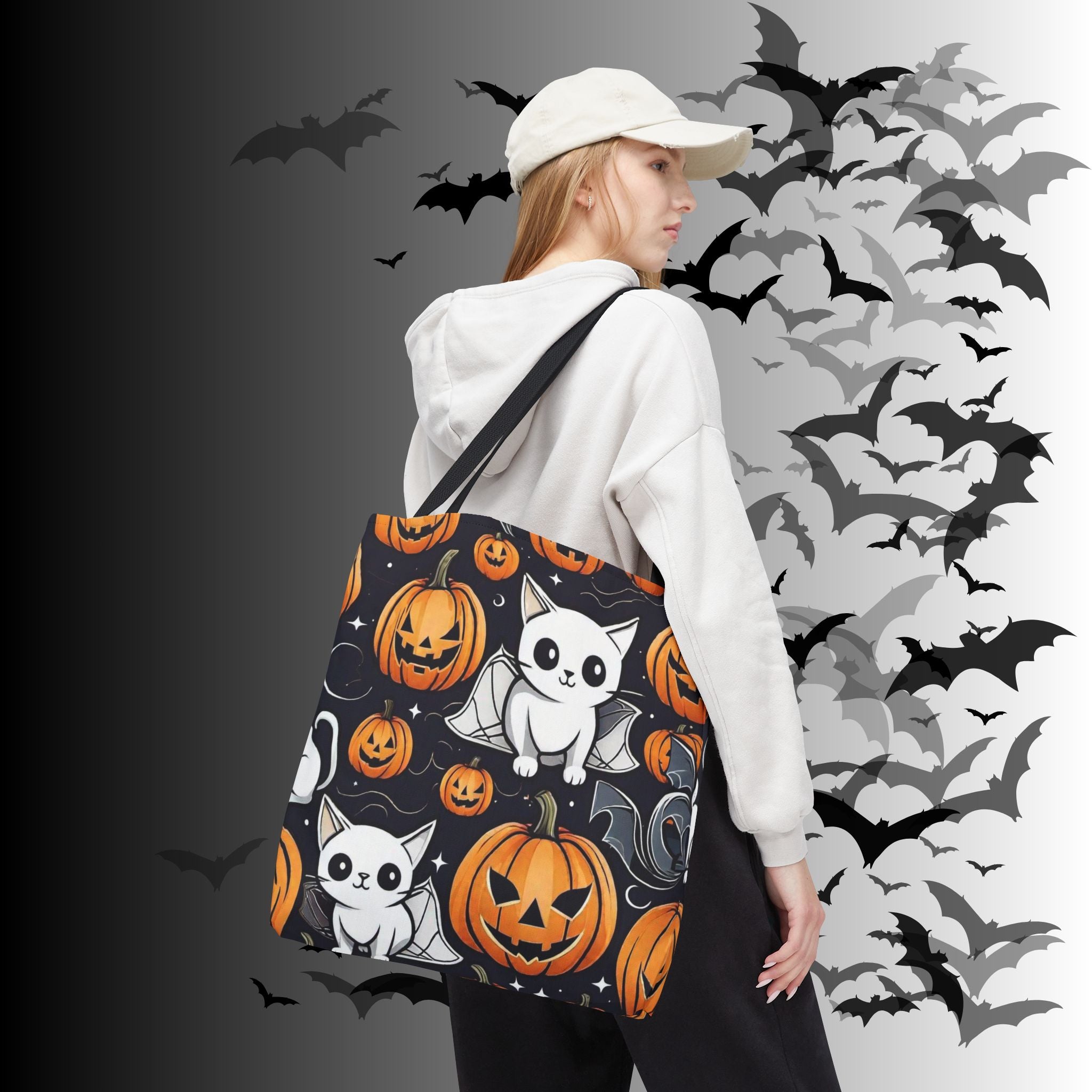 Kawaii Bat Cat Halloween Tote Bag — Spooky Pumpkin Pattern