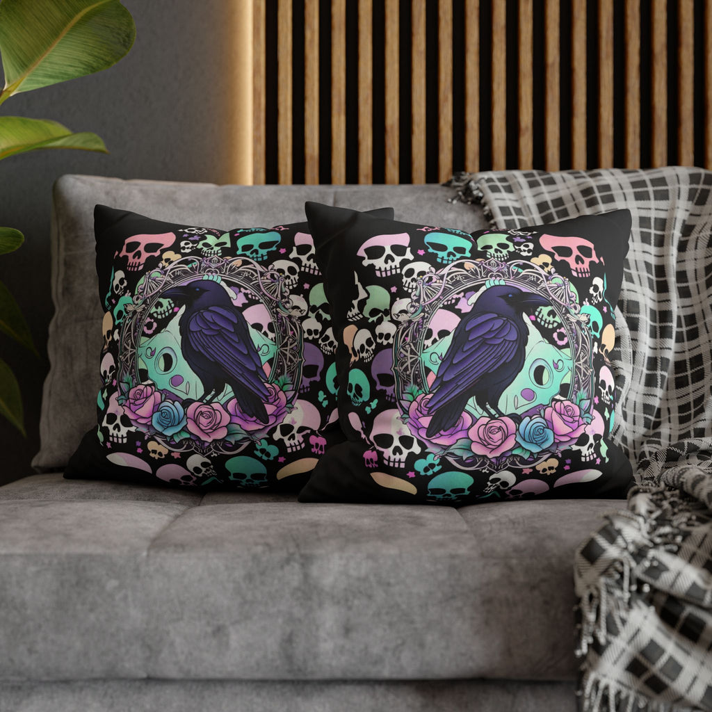 Pastel Goth Raven Skull Throw Pillow — Dark Floral Gothic Home Decor