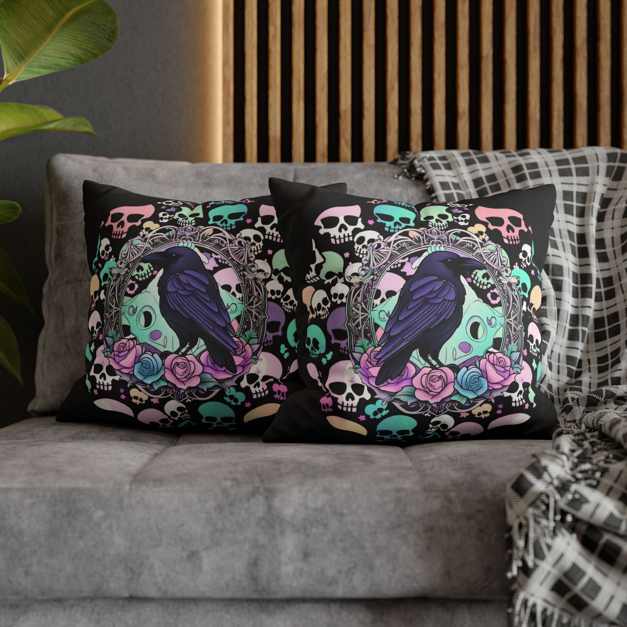 Pastel Goth Raven Skull Throw Pillow — Dark Floral Gothic Home Decor