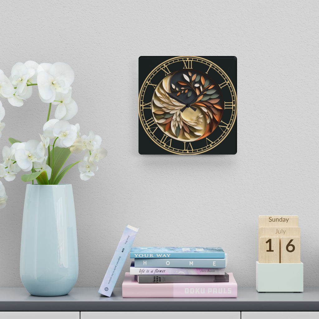 Origami Style Yin Yang Botanical Acrylic Art Print Wall Clock — NOT Real Origami, Zen Home Decor
