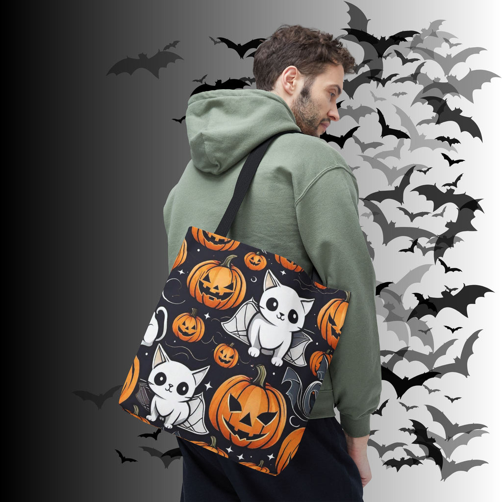 Kawaii Bat Cat Halloween Tote Bag — Spooky Pumpkin Pattern
