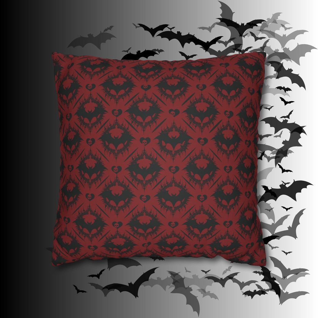 Gothic Bat Diamond Pattern Throw Pillow — Dark Red Damask Home Decor