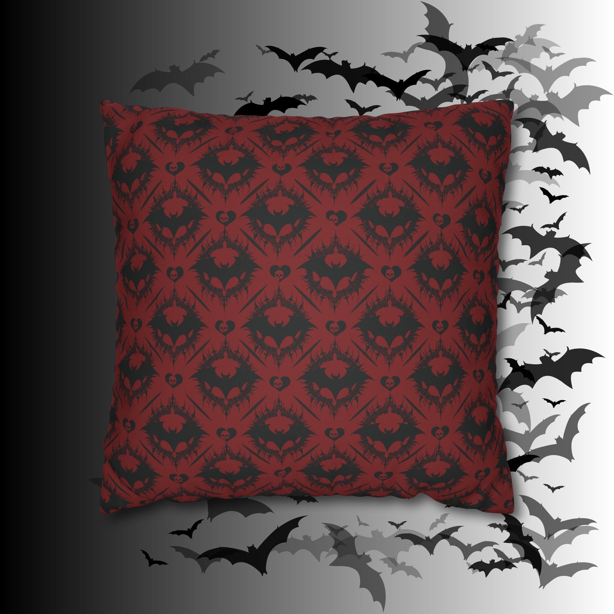 Gothic Bat Diamond Pattern Throw Pillow — Dark Red Damask Home Decor