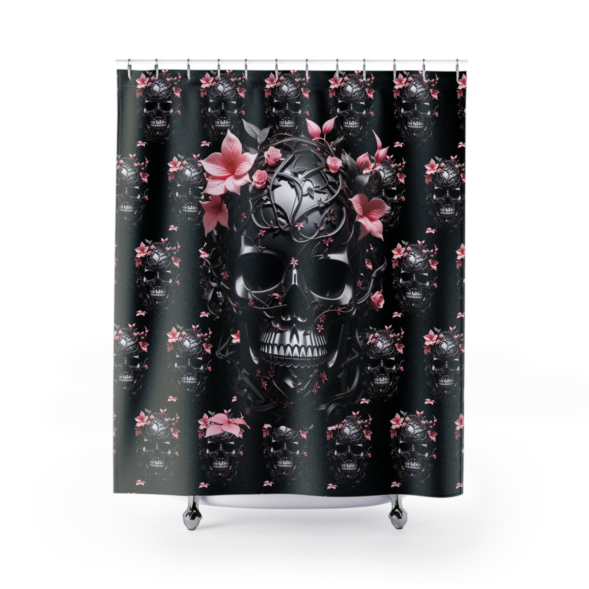 Gothic Floral Skull Shower Curtain — Dark Botanical Bathroom Decor