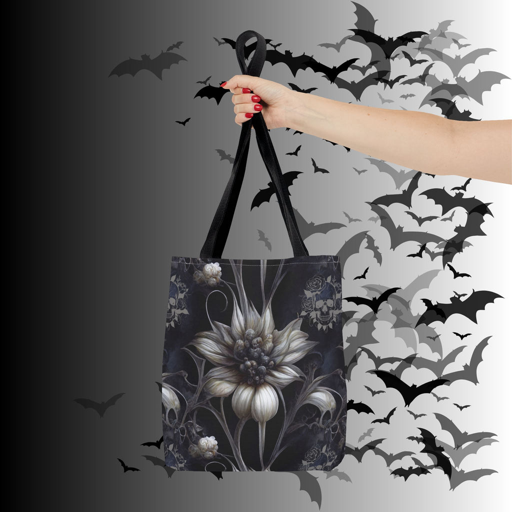 Gothic Botanical Skull Tote Bag — Dark Floral All-Over Print