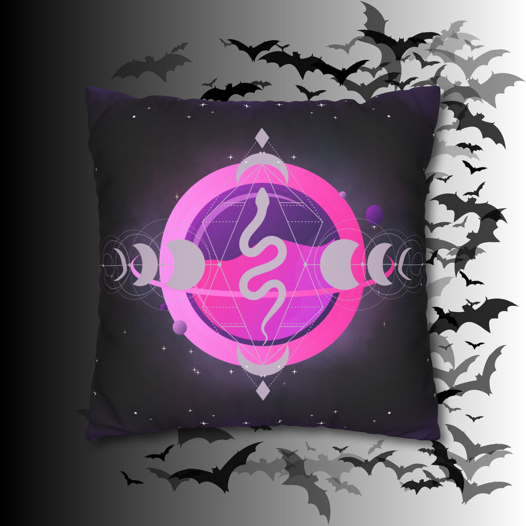 Pastel Goth Celestial Snake Moon Phases Throw Pillow — Witchy Dark Home Decor