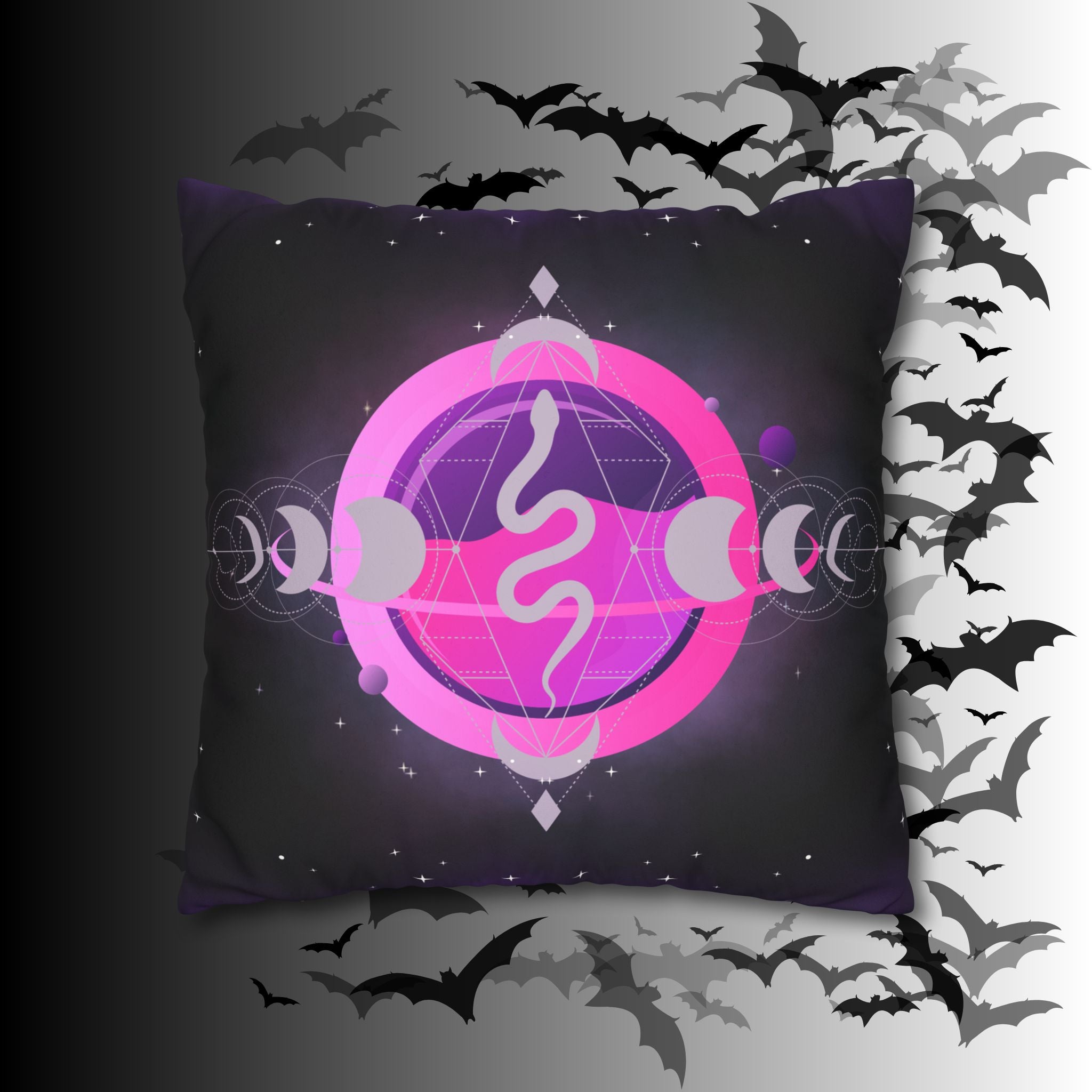 Pastel Goth Celestial Snake Moon Phases Throw Pillow — Witchy Dark Home Decor