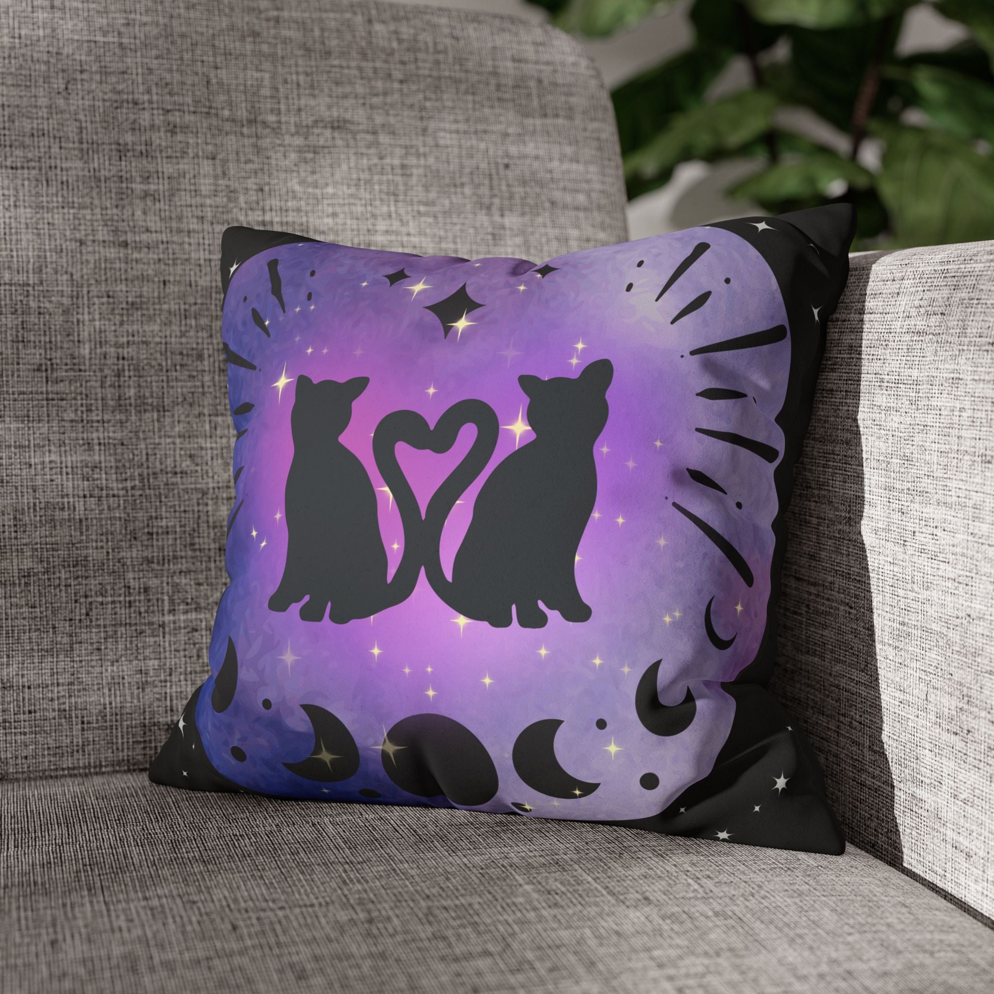Lunar Love Cats Moon Phases Throw Pillow — Celestial Gothic Dark Home Decor