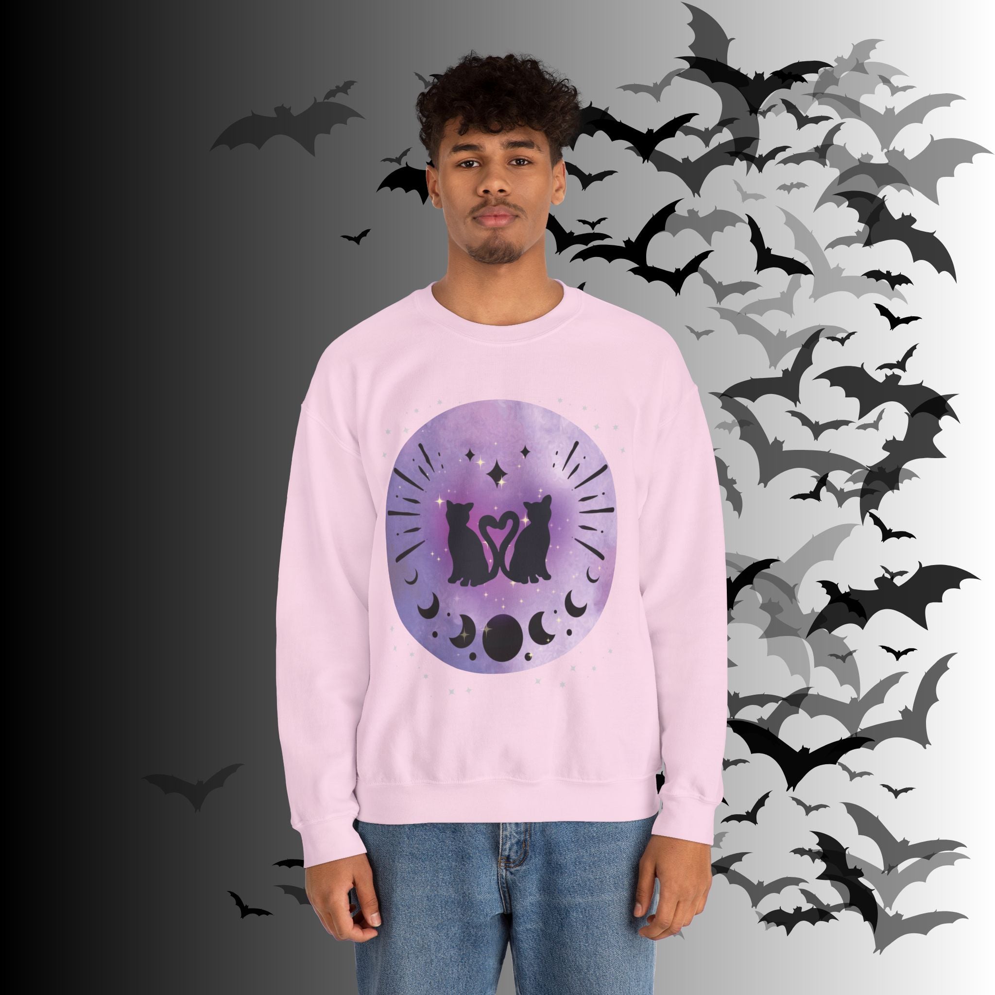 Celestial Twin Cats Heart Moon Crewneck Sweatshirt — Witchy Moon Phase