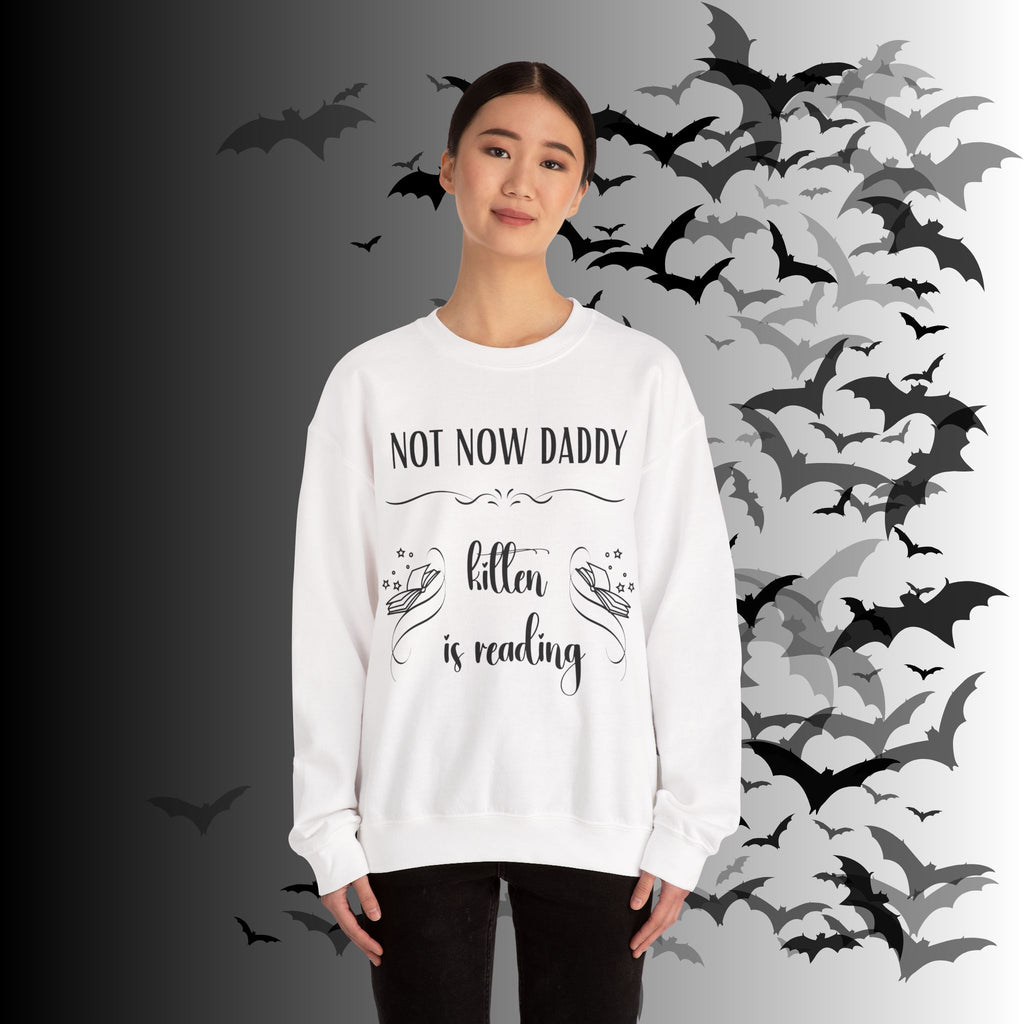 Not Now Daddy Kitten Is Reading Crewneck Sweatshirt — Funny Book Lover