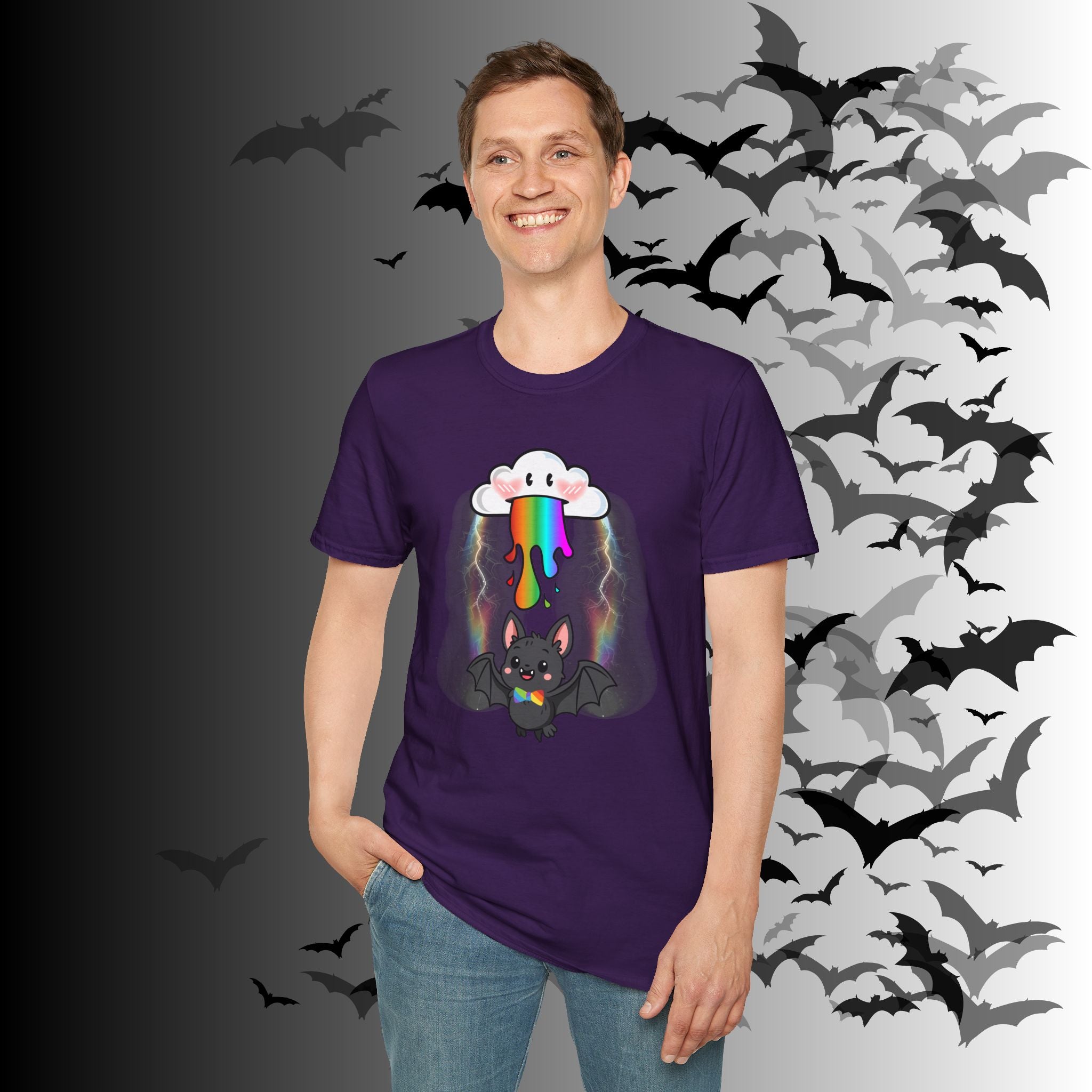 Rainbow Vomit Cloud Bat T-Shirt — Kawaii Goth Pride Unisex Tee