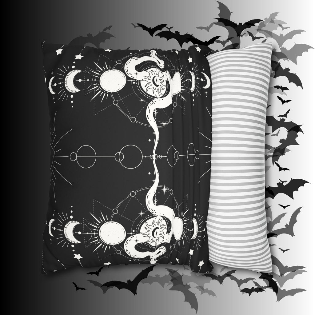Celestial Snake Moon Phases Throw Pillow — Witchy Gothic Dark Home Decor
