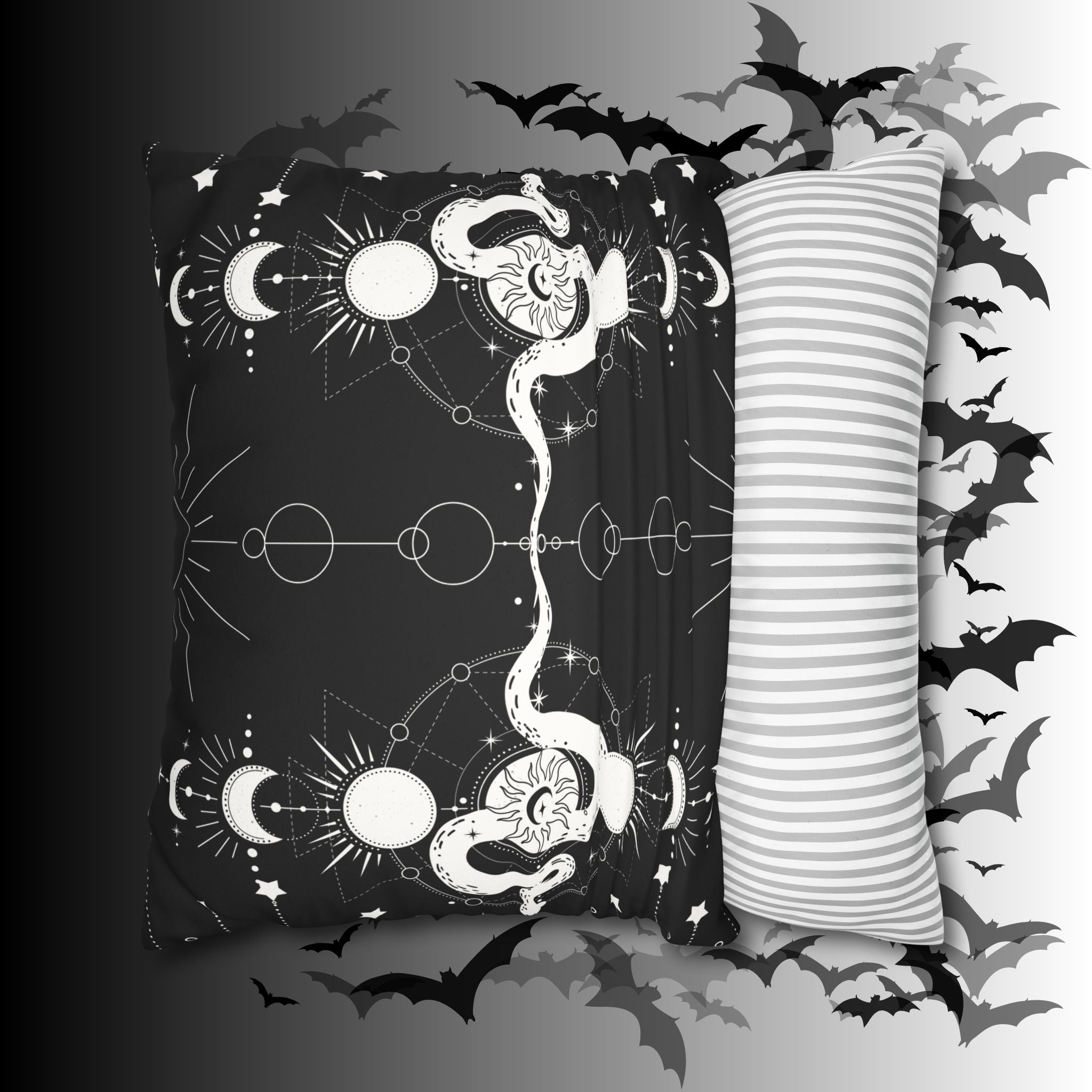 Celestial Snake Moon Phases Throw Pillow — Witchy Gothic Dark Home Decor