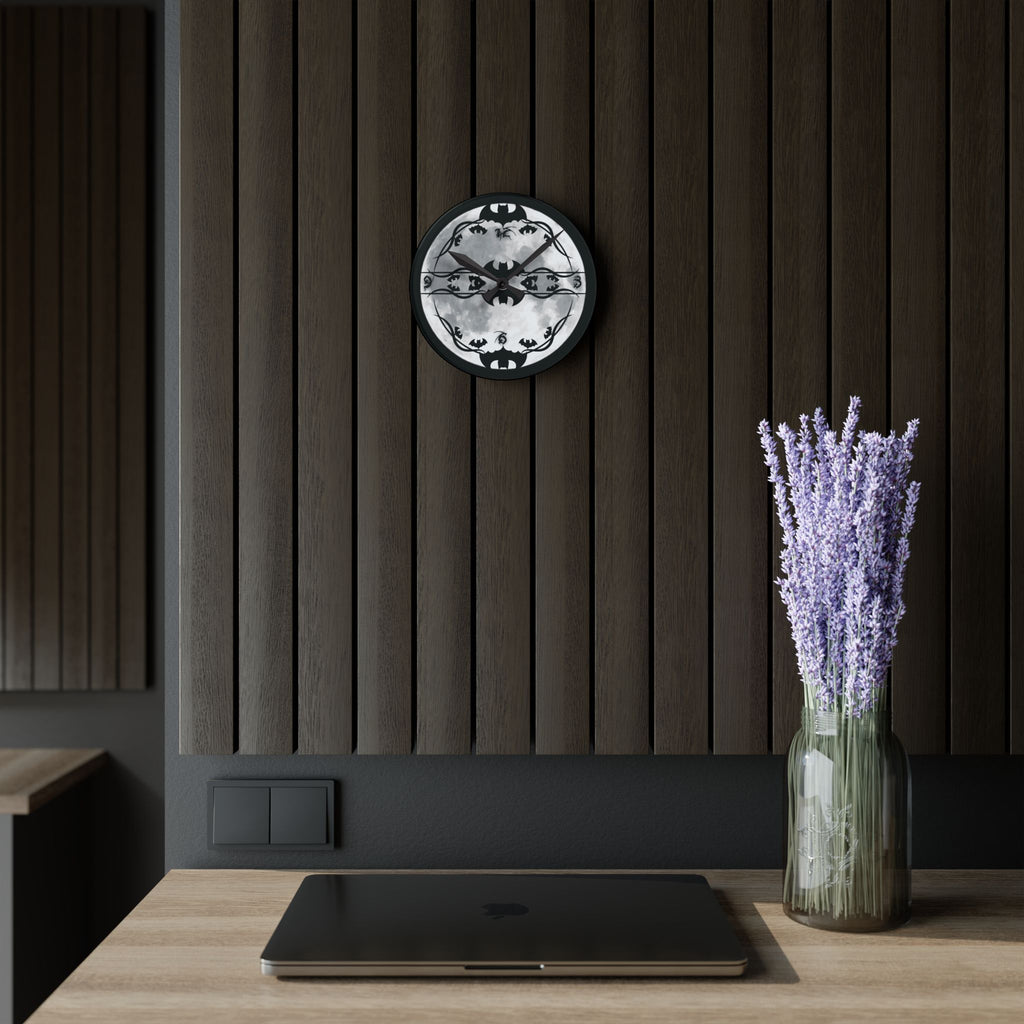 Gothic Bats Full Moon Wall Clock — Halloween Acrylic Art Print Home Decor