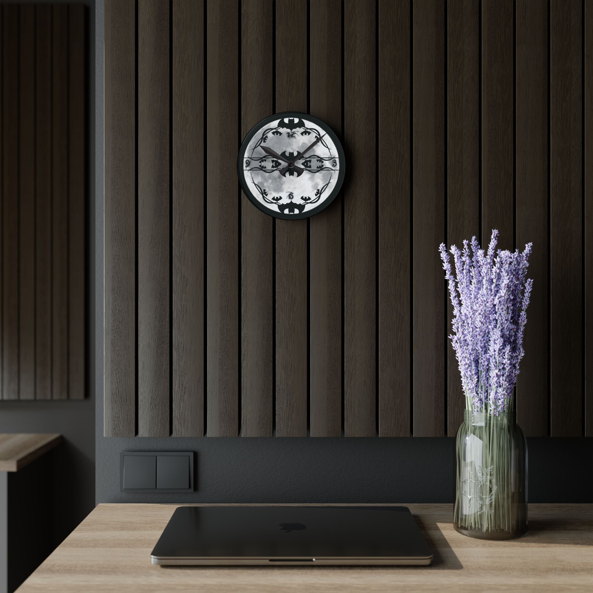 Gothic Bats Full Moon Wall Clock — Halloween Acrylic Art Print Home Decor